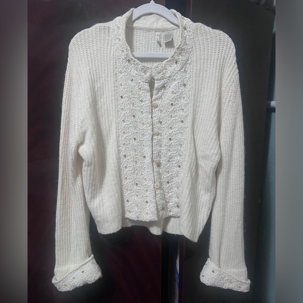 Anthropologie MOTH Crochet Beaded Angora Blend Cropped Cardigan Sweater Ivory M